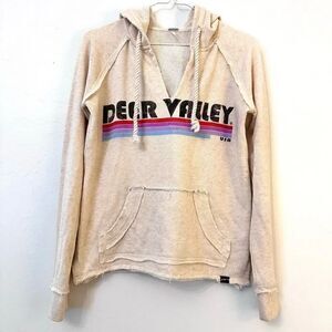 Techstyles Deer Valley Raw Edge Graphic Pullover Hoodie Cream Small